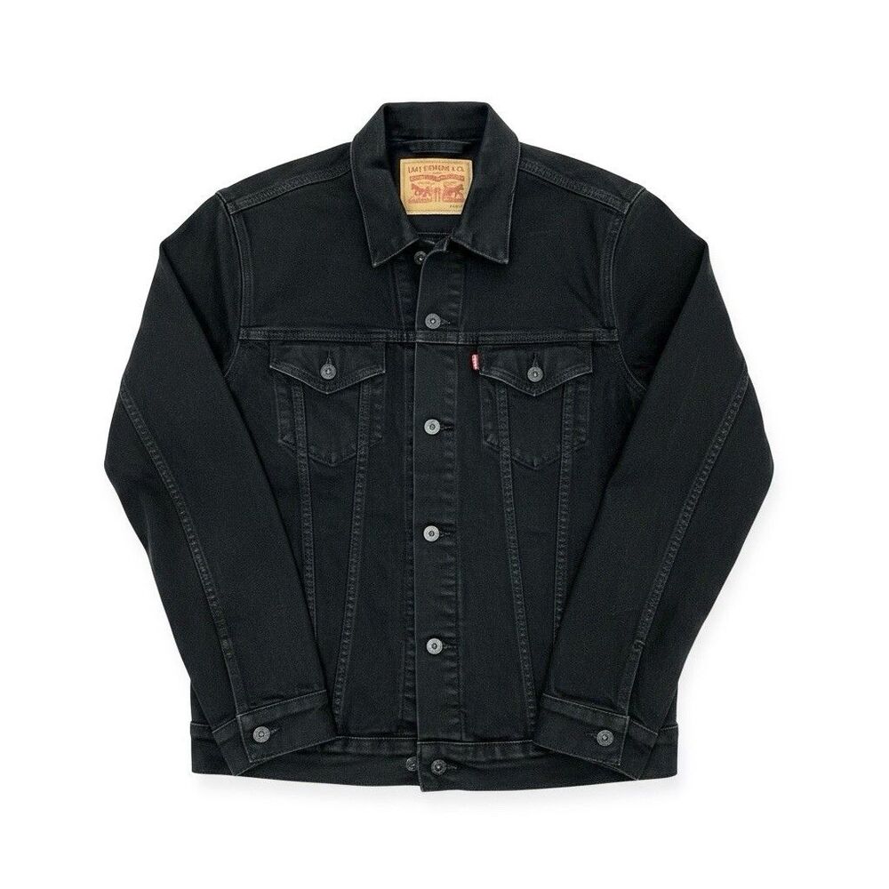 Levis Jacket Mens Large Black Denim Button Up Modern Pockets